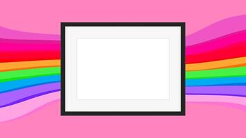 rectangle frame empty on colorful rainbow background, picture frames on colorful fashionable, blank frames decoration with rainbow colorful art backdrop, wooden frame modern, photo frame on pink vector