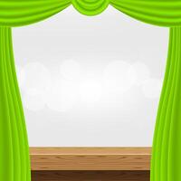 empty wood table and green curtains for advertise product display, wooden top table decoration with curtains, wood plank board space for banner copy space text, tabletop front for banner ad vector
