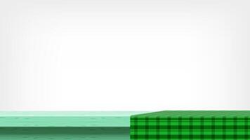 wood plank and green tablecloth front view for copy space, empty table top and tablecloth, green checkered cloth on wood plank for background, tablecloth on tabletop, fabric on wooden table grey wall vector