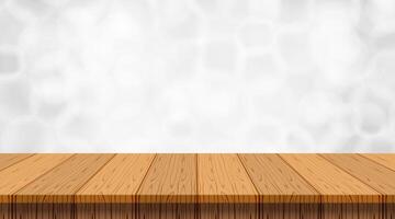 wood plank empty front view on bokeh white grey, copy space background, front of wooden table top blank, vintage wood plank for background, wooden table on silver bokeh, table wood plank front view vector