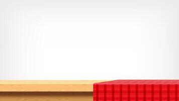 wood plank and red tablecloth front view and copy space, empty table top and tablecloth, red checkered cloth on wood plank for background, tablecloth on tabletop, fabric on wooden table and grey wall vector