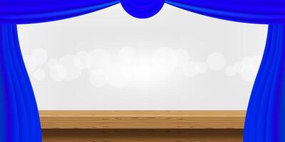 empty wood table and luxury blue curtains for advertise product display, wooden top table decoration with curtain, wood plank board space for banner copy space text, tabletop front view for banner ad vector
