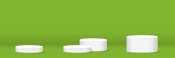 cylinder podium for make-up product display on green background, for horizontal banner, podium stage showcase for advertising cosmetics banner, copy space, 3D illustration vector