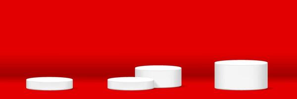cylinder podium for make-up product display on red background, for horizontal banner, podium stage showcase for advertising cosmetics banner, copy space, 3D illustration vector