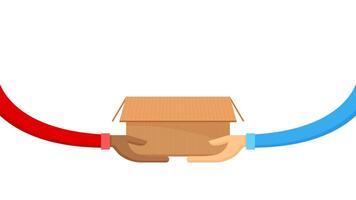 box carton and hand for donate giving and receive concept, donate box cardboard open on hand for give, cardboard box delivery cargo service, parcel box post in hand, donations packaging, copy space vector