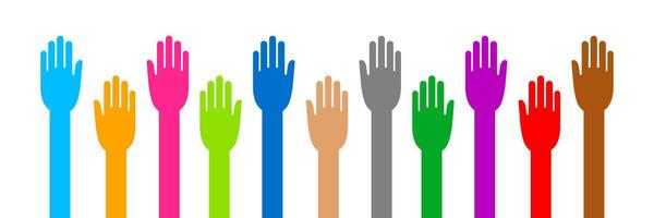 show hand for vote, together teamwork concept, meeting and volunteer concept, show hand up for help symbol, group of raised hand for voting vector