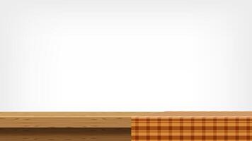 wood plank and brown tablecloth front view for copy space, empty table top and tablecloth, brown checkered cloth on wood plank for background, tablecloth on tabletop, fabric on wooden table grey wall vector