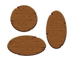 round wooden sign and oval isolated on white background, set of wood panel frame cartoon style, collection wood plank brown, empty wooden signpost for copy space message text vector