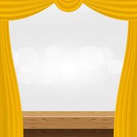 wood table and luxury yellow gold curtains for advertise product display, wooden top table decoration with curtain, wood plank board space for banner copy space text, tabletop front view for banner vector