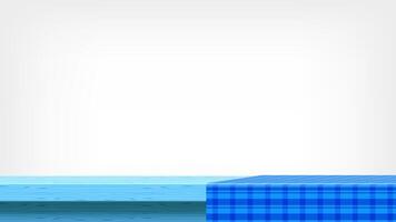 wood plank and blue tablecloth front view and copy space, empty table top and tablecloth, checkered cloth on wood plank for background ad, tablecloth on tabletop, fabric on wooden table and grey wall vector
