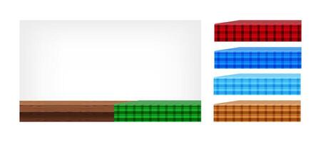 wood table and collection tablecloth for design edit, front view copy space, empty plank top and tablecloth, checkered cloth on wood plank for background, tablecloth on tabletop, fabric on table vector