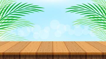 coconut background with leaves and wood table plank, wooden plank empty and coconut palm leaf, wood floor for coconut product display present and copy space, empty table for banner advertising nature vector