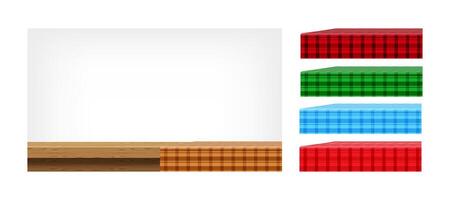 wood table and collection tablecloth for design edit, front view copy space, empty plank top and brown tablecloth, checkered cloth on wood plank for background, tablecloth on tabletop, fabric on table vector