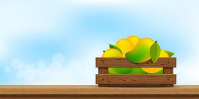 mango in wood crate, wood crate of ripe mango on wooden table, copy space for advertisement sale slogan, mango fruit pack in wooden crate box on wood counter, mango heap in wooden box and banner space vector