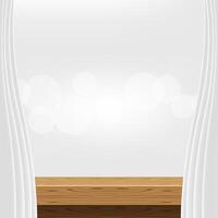 tabletop front view and luxury grey curtain for advertise product display, wooden top table decoration with curtain white, wood plank board space for banner copy space, empty wood table for banner vector