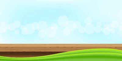 wood table front view and green graphic on bokeh soft grey, blank table top wooden for decoration room, wood plank for background vector