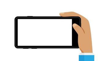 smartphone blank screen in hand business man isolated on white, hand holding mobile phone with white screen, touch screen smartphone in a hand vector