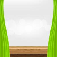 empty wood table and luxury green curtains for advertise product display, wooden top table decoration with curtains, wood plank board space for banner copy space text vector