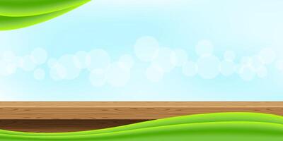 wood table front view and green graphic on bokeh soft blue, blank table top wooden for decoration room, wood plank for background, wooden board on grey wall, tabletop montage for copy space display ad vector