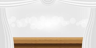 tabletop front view and luxury grey curtains for advertise product display, wooden top table decoration with curtain white, wood plank board space for banner copy space, empty wood table for banner ad vector