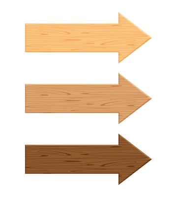 wooden arrow plank isolated on white background, wood direction sign, wood arrow shape for signboard copy space, empty panel wood for direction and pointing sign, signpost wood brown for message text