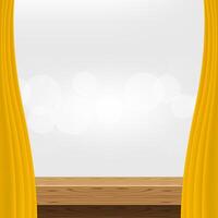 wood table and luxury yellow gold curtain for advertise product display, wooden top table decoration with curtain, wood plank board space for banner copy space text, tabletop front view for banner ad vector