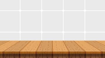 wood table empty on wall tiles ceramic background, tabletop and copy space text, top shelf wood front mosaic wall tiles kitchen room, wooden top table at tiled grey pastel soft, mock-up counter desk vector