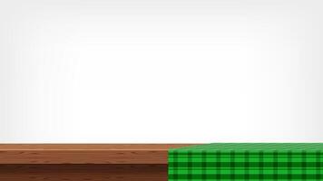 wood plank and green tablecloth front view for copy space, empty table top and tablecloth, green checkered cloth on wood plank for background, tablecloth on tabletop, fabric on wooden table grey vector