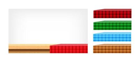 wood table, collection tablecloth for design edit, front view copy space, empty plank top and tablecloth, checkered cloth on wood plank for background, tablecloth on tabletop, fabric on table vector