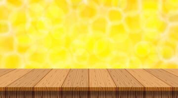 wood plank on yellow gold bokeh for copy space background, blank table top wooden brown on gold bokeh, vintage wood plank for decoration, wooden table on golden bokeh, table wood plank front view vector