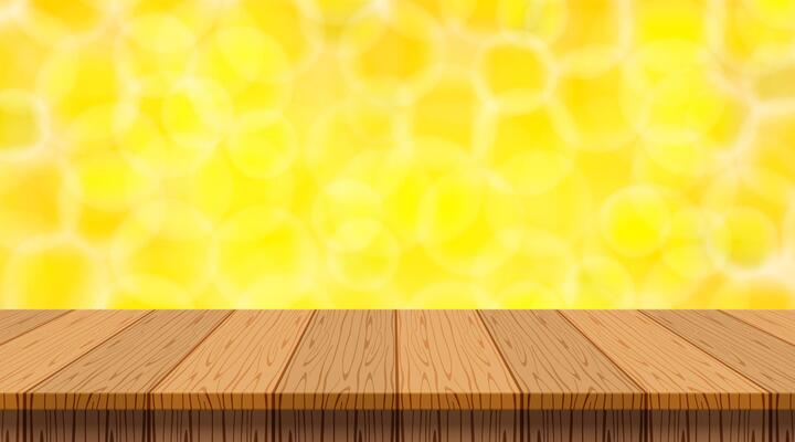 wood plank on yellow gold bokeh for copy space background, blank table top wooden brown on gold bokeh, vintage wood plank for decoration, wooden table on golden bokeh, table wood plank front view