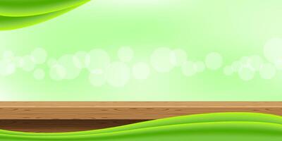 wood table front view and green graphic on bokeh soft, blank table top wooden for decoration display ad, wood plank for background, wooden board front bokeh light, tabletop montage for copy space vector