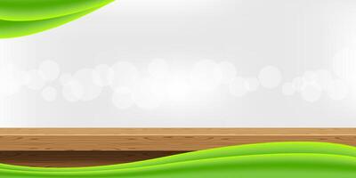 wood table front view and green graphic on bokeh soft grey, blank table top wooden for decoration room, wood plank for background, wooden board on grey wall, tabletop montage for copy space display ad vector