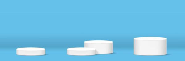 cylinder podium for make-up product display on blue background, for horizontal banner, podium stage showcase for advertising cosmetics banner, copy space, 3D illustration vector