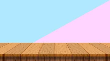 table wood plank on purple blue pastel wall background, empty wooden table floor for display and copy space, blank table top wooden for decoration banner ad, vintage table wood plank in front view vector