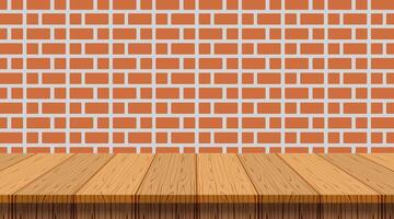 empty wood table, retro wall brick for copy space, counter wood table on rustic wall brick, wooden table for display mockup, wood tabletop desk for shelf place product, wooden plank of counter vector