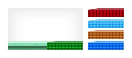 wood table green pastel and set of tablecloth for design edit, front copy space, empty plank top and tablecloth, checkered cloth on wood plank for background, tablecloth on tabletop, fabric on table vector