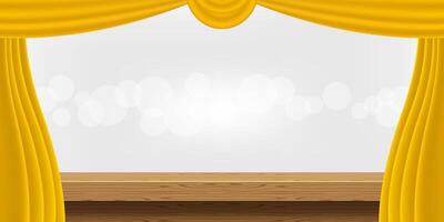 wood table and luxury yellow gold curtains for advertise product display, wooden top table decoration with curtain, wood plank board space for banner copy space text, tabletop front view for banner ad vector