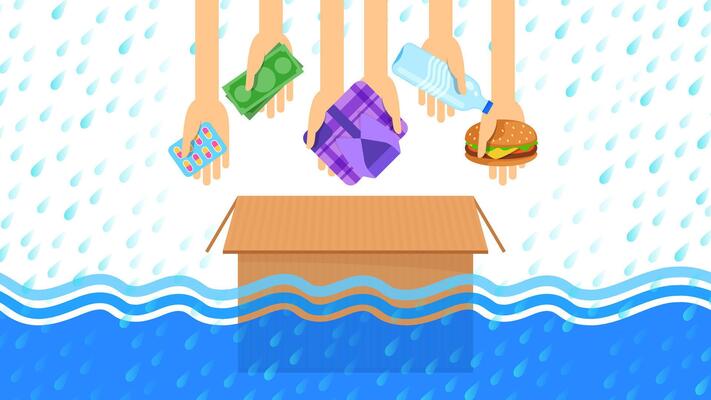 donate box for flood, money, medicine, drug, clothing, food and drinking water for flooding donate help campaign, donation box of flooding floods help, charity donate box of rain storm crisis banner