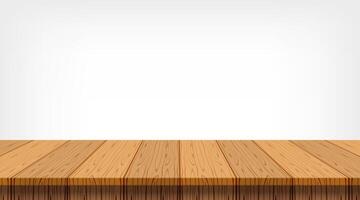 wood plank empty front view and copy space, blank table top wooden brown for decoration room, vintage wood plank for background, wooden table on grey wall, table wood plank front view vector