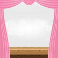 wood table and luxury pink curtains for advertise product display, wooden top table decoration with curtain, wood plank board space for banner copy space text, tabletop front view for banner ad vector