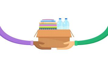donate box of clothes and drinking water in hand, donate giving and receive concept, second hand clothes and bottled water drink in donate box, donations box on the hand for give and copy space vector