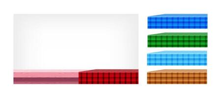 pink wood table and collection tablecloth for design edit, front view copy space, empty plank top and tablecloth, checkered cloth on wood plank for background, tablecloth on tabletop, fabric on table vector