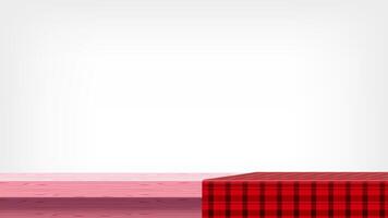 pink pastel wood plank and red tablecloth and copy space, empty table top and tablecloth, checkered cloth on wood plank for background ad, tablecloth on tabletop, fabric on wooden table and grey wall vector