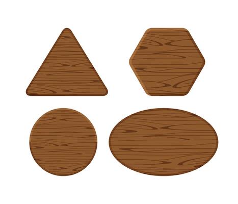 wooden plank different collection isolated on white background, hexagon wood shape, wooden triangle, circle wood shaped plank dark brown, wooden ellipse or oval panel, wood shape for sign decoration