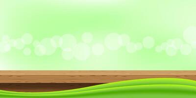 wood table front view and green graphic on a bokeh soft, blank table top wooden for decoration room, wood plank for background, wooden board for display ad, tabletop montage for copy space vector