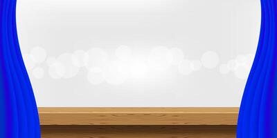 wood table and luxury blue curtains for advertise product display, wooden top table decoration with curtain, wood plank board space for banner copy space text, tabletop front view for banner ad vector