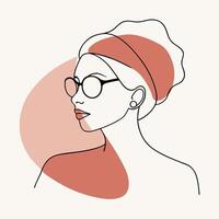 Stylish Woman Portrait In Line Art With Headwrap And Abstract Shapes vector