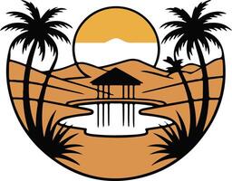 A logo illustration of a desert oasis with palm trees vector