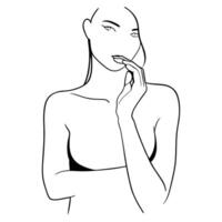 Minimalist Line Art Illustration Of A Pensive Woman With Hand To Lips vector